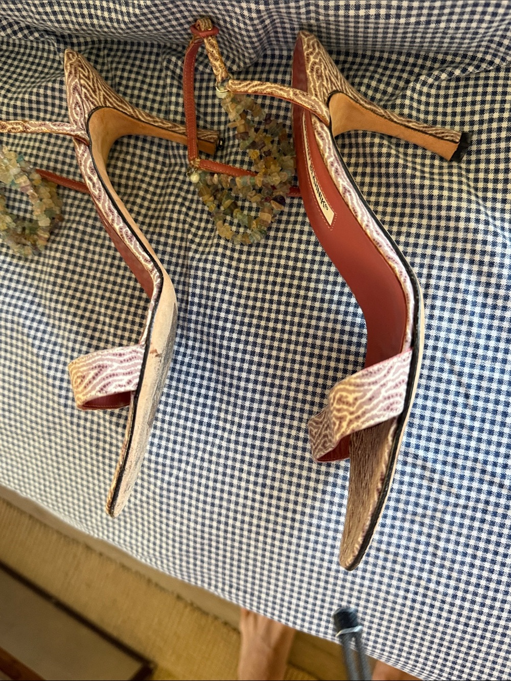 Manolo Blahnik Strappy Pink Patterned High Heel Sandals - Picture 8 of 11